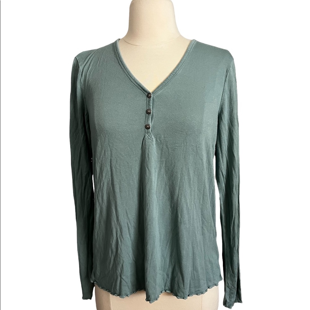 Womens Pink Rose Vintage Long sleeve Shirt Light Teal Size L Grilled Hem